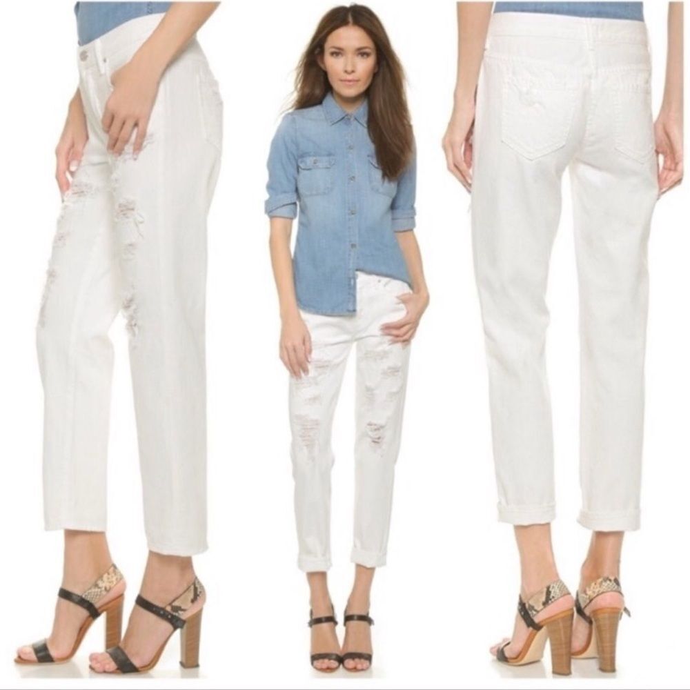 MOTHER The Loosey Party Crashers Distressed Boyfriend White Jeans 25 Relaxed Fit - Picture 2 of 15
